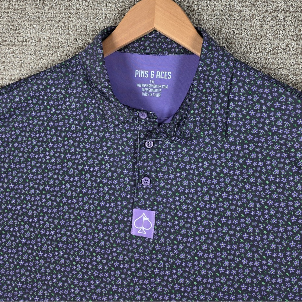 Pins & Aces Mens XXL Floral Golf Polo Shirt Purple Short Sleeve Performance